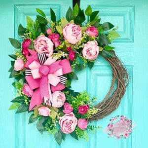 Pink Peony Floral Valentines Door Wreath